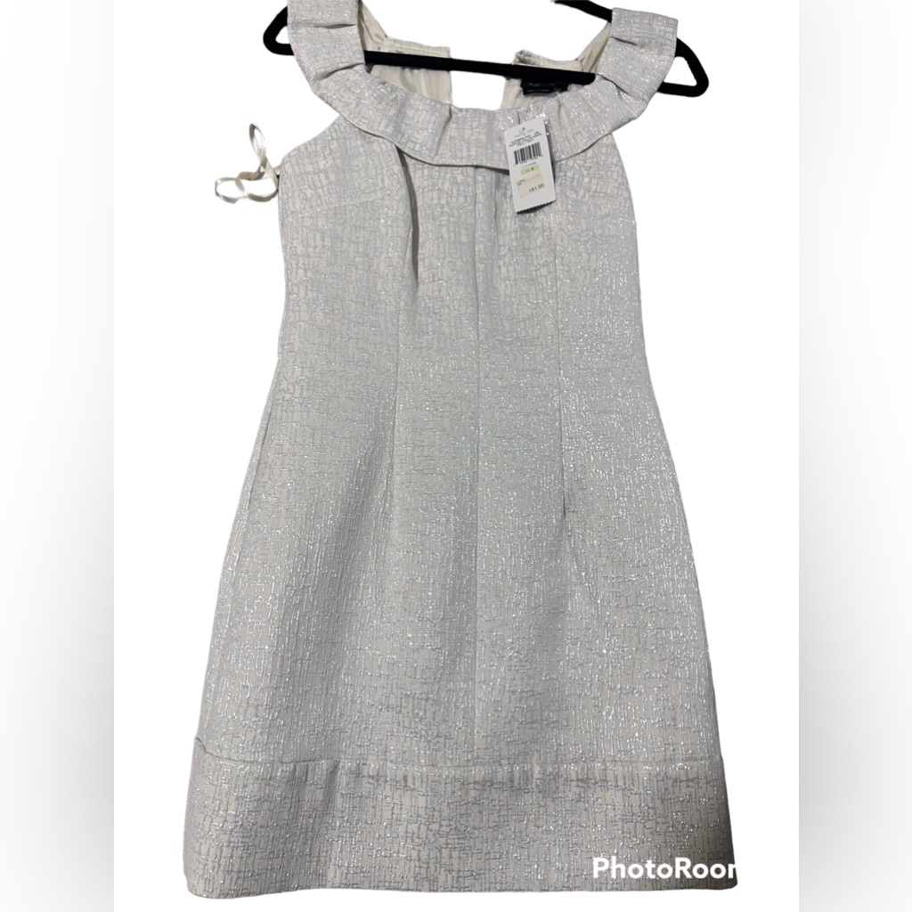 Nwt Max And Cleo Sz 4 Ruffled Sleeveless Dress White Silver